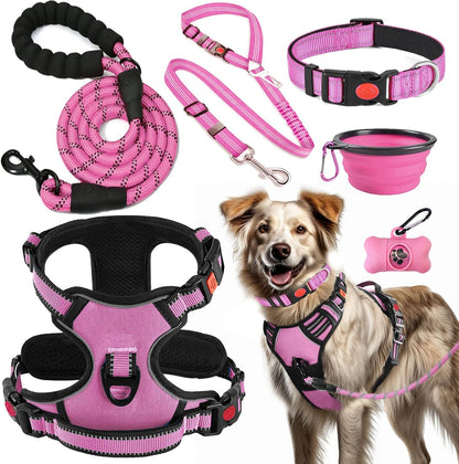 No Pull Dog Harness, Collar & Leash Set | Includes Dog Seat Belt, Collapsible Bowls & Poop Bag Dispenser. Ideal for Training, Walking, Hiking. Fits Small to Large Dogs(Pink-L)