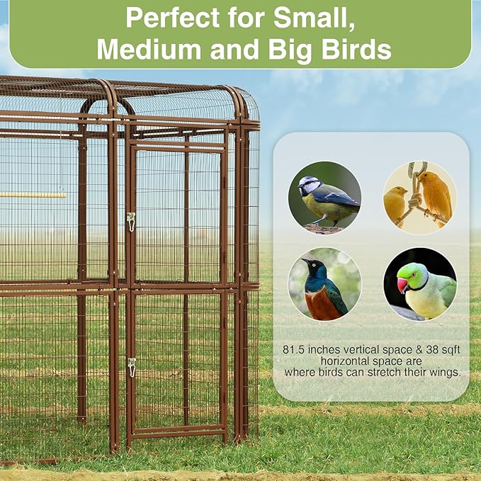 Large Walk-in Cage 87-inch Heavy Duty Bird Cage Outdoor Aviary Parrot Cage Wide Flight Metal Birdcage with Stand for Macaw Budgie Conure Lovebird Parakeet Cockatiel, 7.22x5.25x6.8ft, Brown