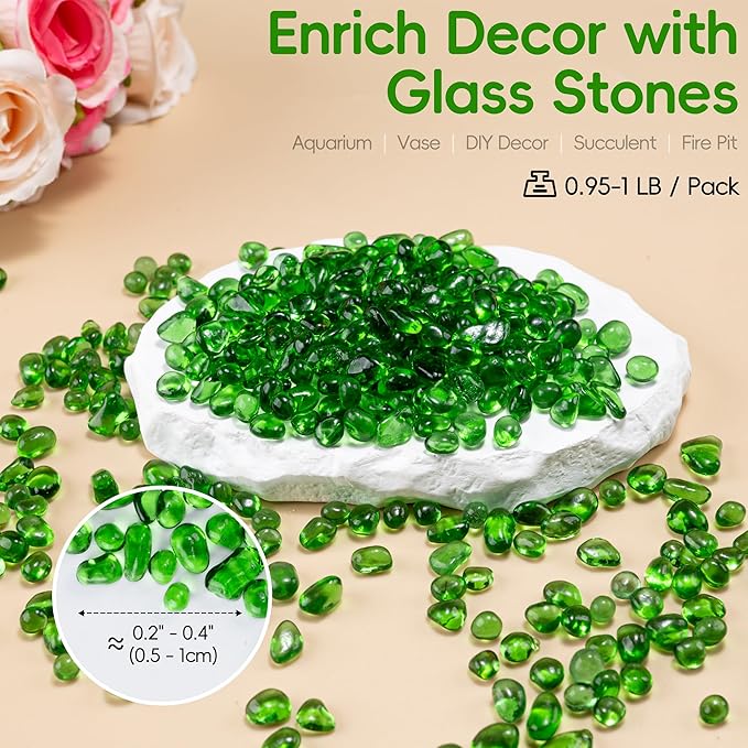 Meschett Colorful Glass Stones, 1 LB Fish Tank Gravel, Small Irregular Rainbow Aquarium Gravel for Aquarium Decorations and Turtle Tank, Sea Glass Beads Crystals for Fish Bowl, Vase Filler,Green