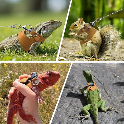3 Pack Bearded Dragon Harness and Leash [3 Sizes] Adjustable Soft Leather Lizard Harness w/Retractable Leash Small Animal Traction Rope Walking Vest Accessories for Lizards Reptiles Squirrel Rat