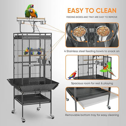 ZENY 61-inch Playtop Parrot Bird Cages, Wrought Iron Large Birdcage with Rolling Stand for Parakeet Cockatiels Quaker Conure Lovebird Finch Canary Small Medium Parrot Cage Birdcage (Black)