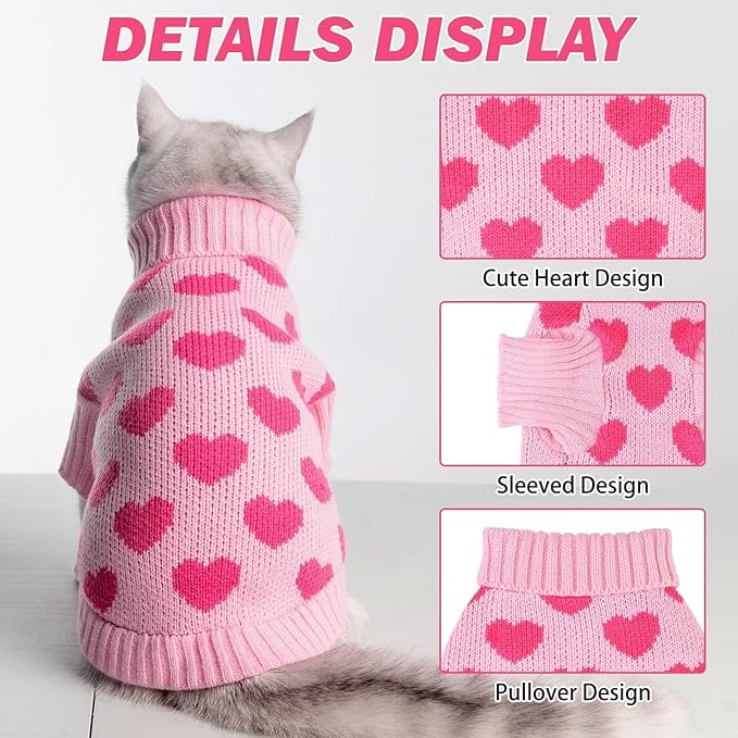 KOOLTAIL Cat Sweater Turtleneck- Soft Pink Knit Cat Sweaters for Cats Only, Heart Love Pattern Thick Warm Cold Weather Clothes, Valentine's Day Pet Outfit for Small Medium Large Size Kitten Puppy Girl