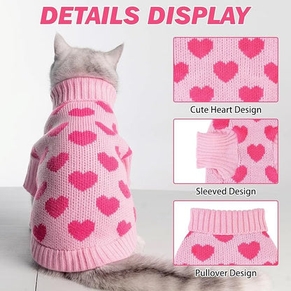 KOOLTAIL Cat Sweater Turtleneck- Soft Pink Knit Cat Sweaters for Cats Only, Heart Love Pattern Thick Warm Cold Weather Clothes, Valentine's Day Pet Outfit for Small Medium Large Size Kitten Puppy Girl