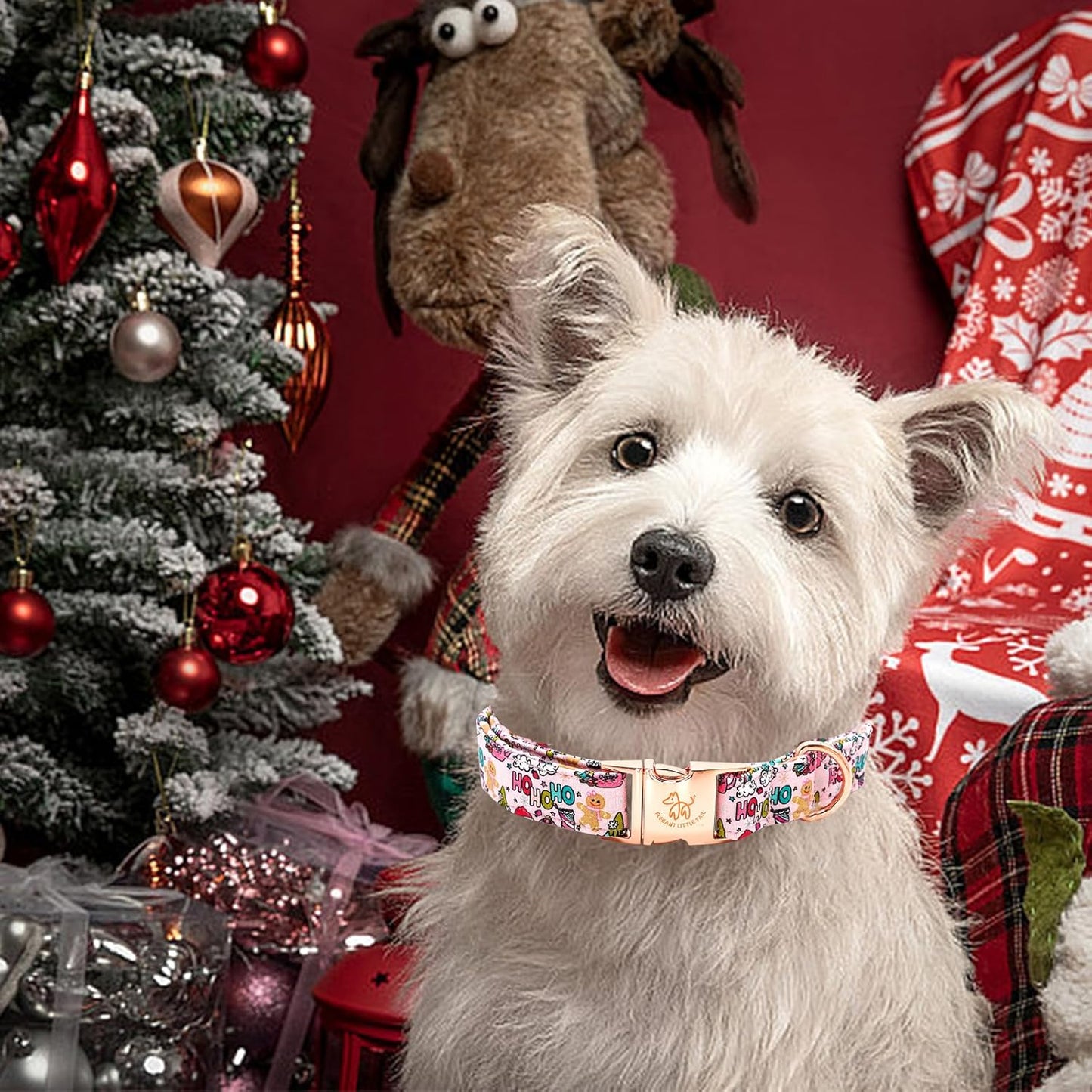 Elegant little tail Christmas Dog Collar, Pink Gingerbread Man Print Pet Collar Dog Durable Cute Dog Collars Winter Holiday Male or Female Pet Gift Adjustable Dog Collar for X-Large Dogs