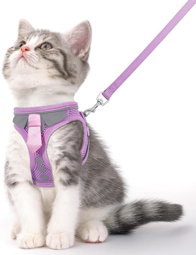 Cat Harness and Leash Set for Walking Escape Proof, Soft Adjustable Kitten Harness Breathable Mesh with Reflective Strips Harness for Kitty Puppy Bunny(Purple,XS)