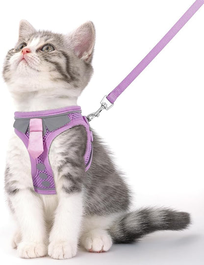 Cat Harness and Leash Set for Walking Escape Proof, Soft Adjustable Kitten Harness Breathable Mesh with Reflective Strips Harness for Kitty Puppy Bunny(Purple,XS)