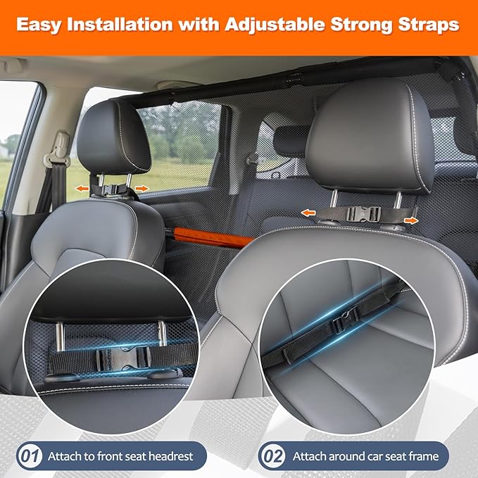 Dog Car Barrier, 56" Wide See Through Car Back Seat Cargo Area Pet Restraint Divider, Travel Trunk Mesh Car Net Barrier Screen Separator for Dogs, Ideal for SUVs Trucks Full Sized Sedans