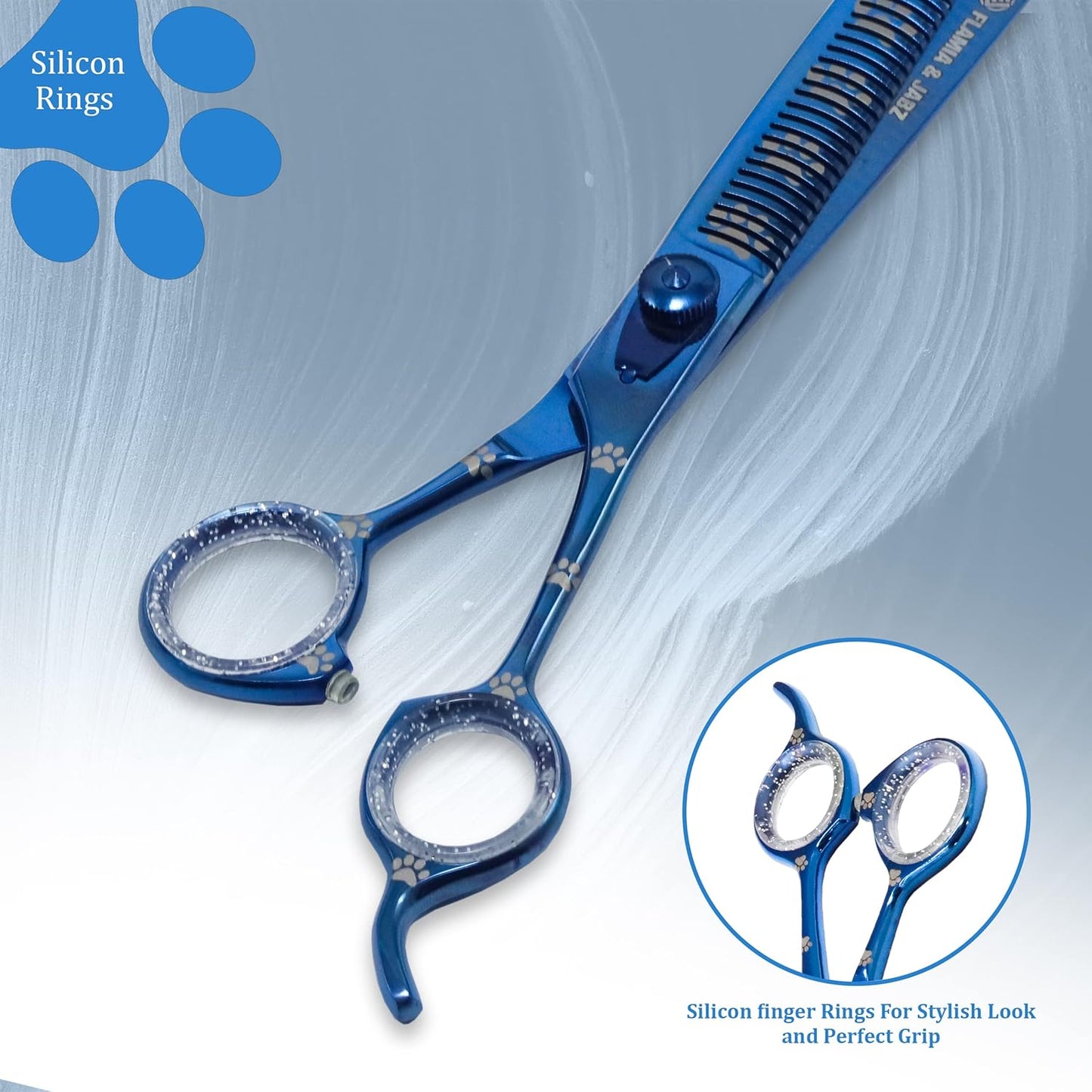 Professional Dog Grooming Thinning Scissors/Blender Shears with Paw Prints for Dogs, Cats & Pets (Right Handed, Blue, Stainless Steel 8 Inch)