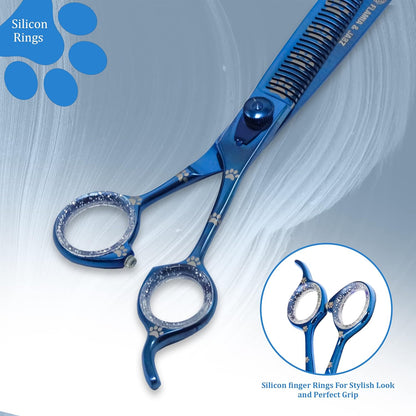 Professional Dog Grooming Thinning Scissors/Blender Shears with Paw Prints for Dogs, Cats & Pets (Right Handed, Blue, Stainless Steel 8 Inch)