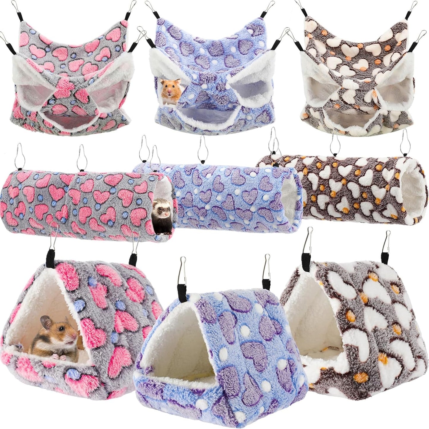 Abbylike 9 Pieces Rat Hammock 3 Tier Guinea Pig Ferret Hammocks Small Pet Hanging Tunnel Glider Toy Guinea Pig Ferret Hideout Bed Cage Accessories for Hamster(Purple, Brown, Gray,Heart)