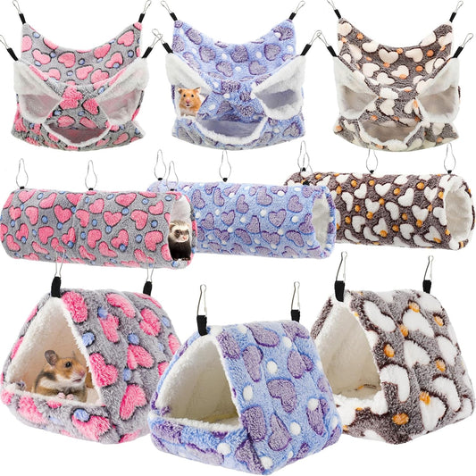 Abbylike 9 Pieces Rat Hammock 3 Tier Guinea Pig Ferret Hammocks Small Pet Hanging Tunnel Glider Toy Guinea Pig Ferret Hideout Bed Cage Accessories for Hamster(Purple, Brown, Gray,Heart)