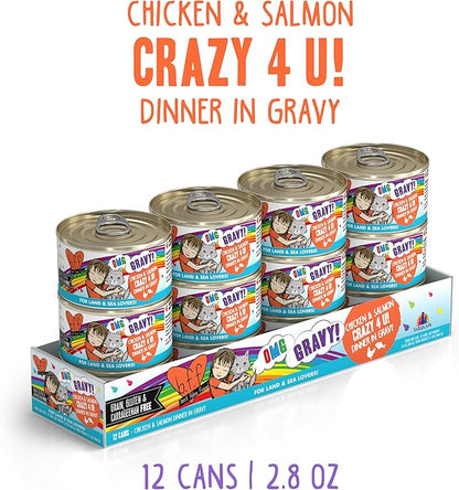 Weruva B.F.F. OMG - Best Feline Friend Oh My Gravy! Grain-Free Wet Cat Food Cans, Crazy 4 U! Chicken & Salmon, 2.8oz Can (Pack of 12)