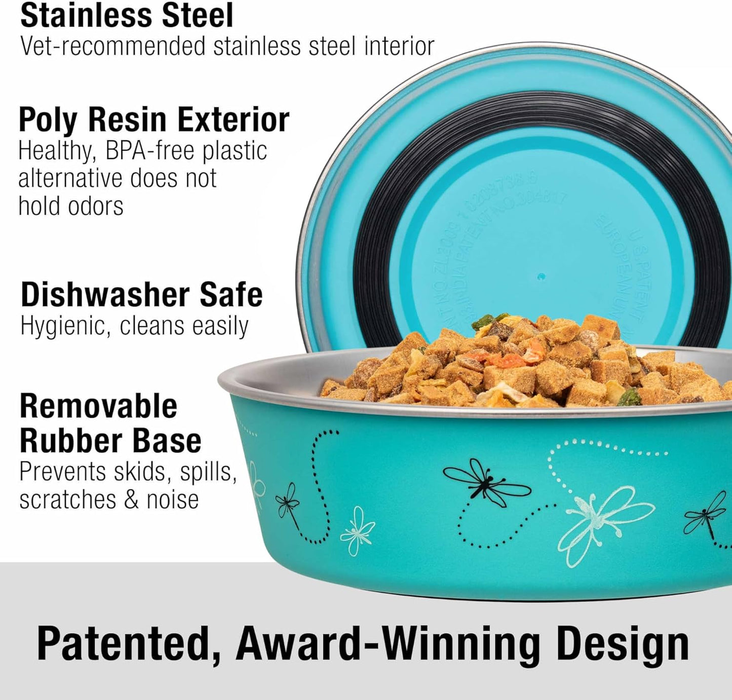 Loving Pets Bella Dog Bowls- Stainless Steel Dog & Cat Bowls - Spill Proof Dog Food Bowl, Cat Bowl, Puppy Essentials & Pet Supplies Great for Home & Travel (Large 35-65 lbs, Dragonfly)
