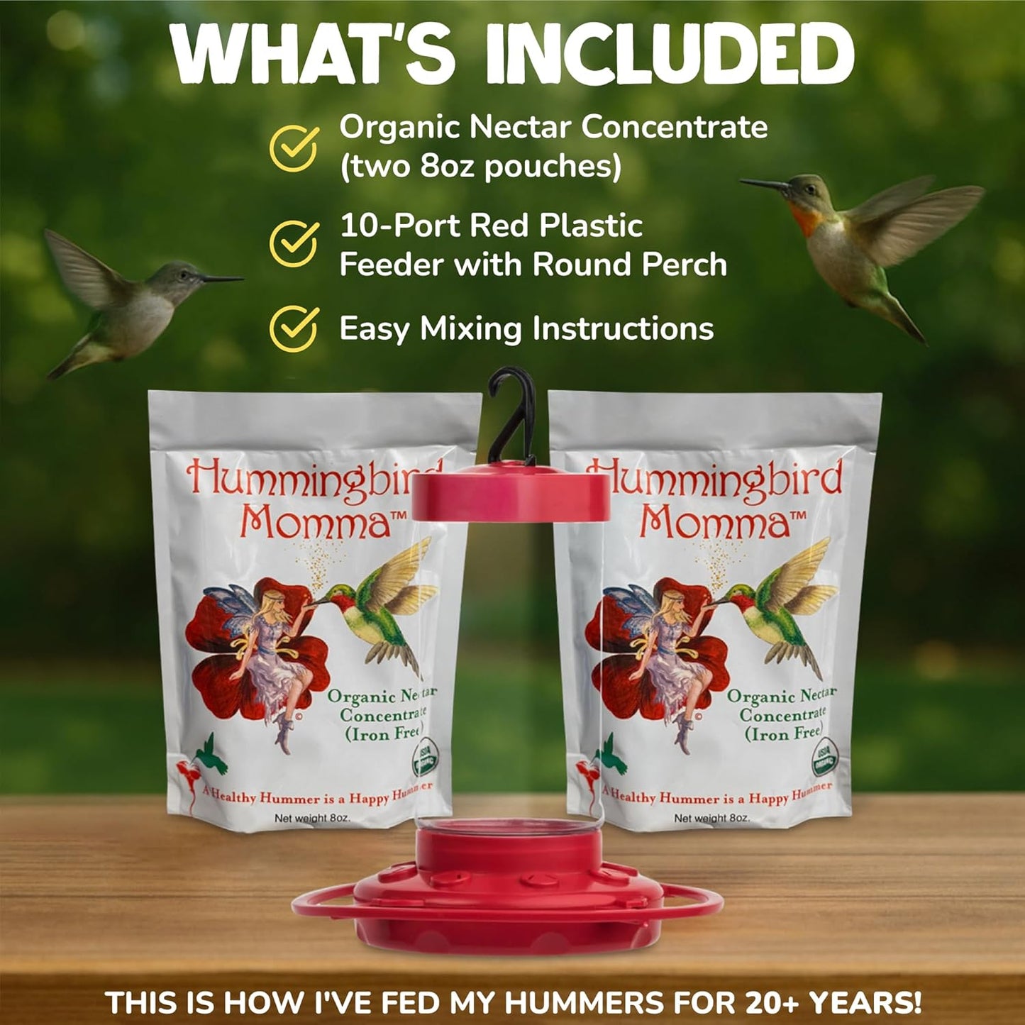 USDA Organic Hummingbird Nectar, Iron-Free, 2 x 8oz Concentrate Pouches with Feeder, All-Natural, Dye-Free USDA Certified Nectar for Outdoor Hummingbird Feeding