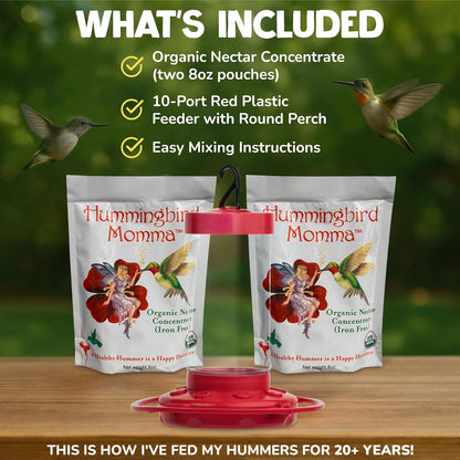 USDA Organic Hummingbird Nectar, Iron-Free, 2 x 8oz Concentrate Pouches with Feeder, All-Natural, Dye-Free USDA Certified Nectar for Outdoor Hummingbird Feeding