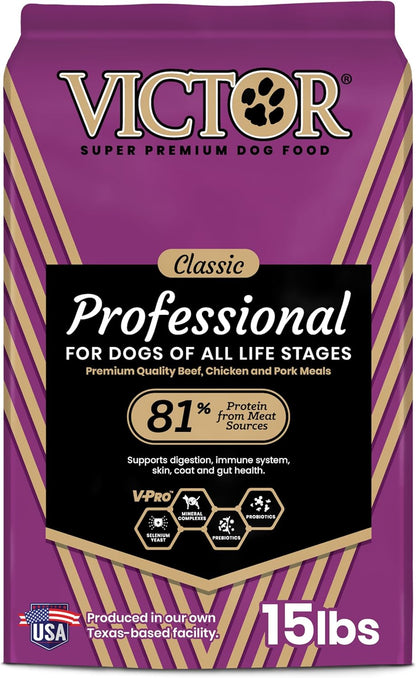VICTOR Super Premium Dog Food – Professional Dry Dog Food – Super Premium Kibble with 26% Protein – Gluten-Free with Beef, Chicken & Pork Meals – for High Energy and Active Dogs & Puppies, 15lbs
