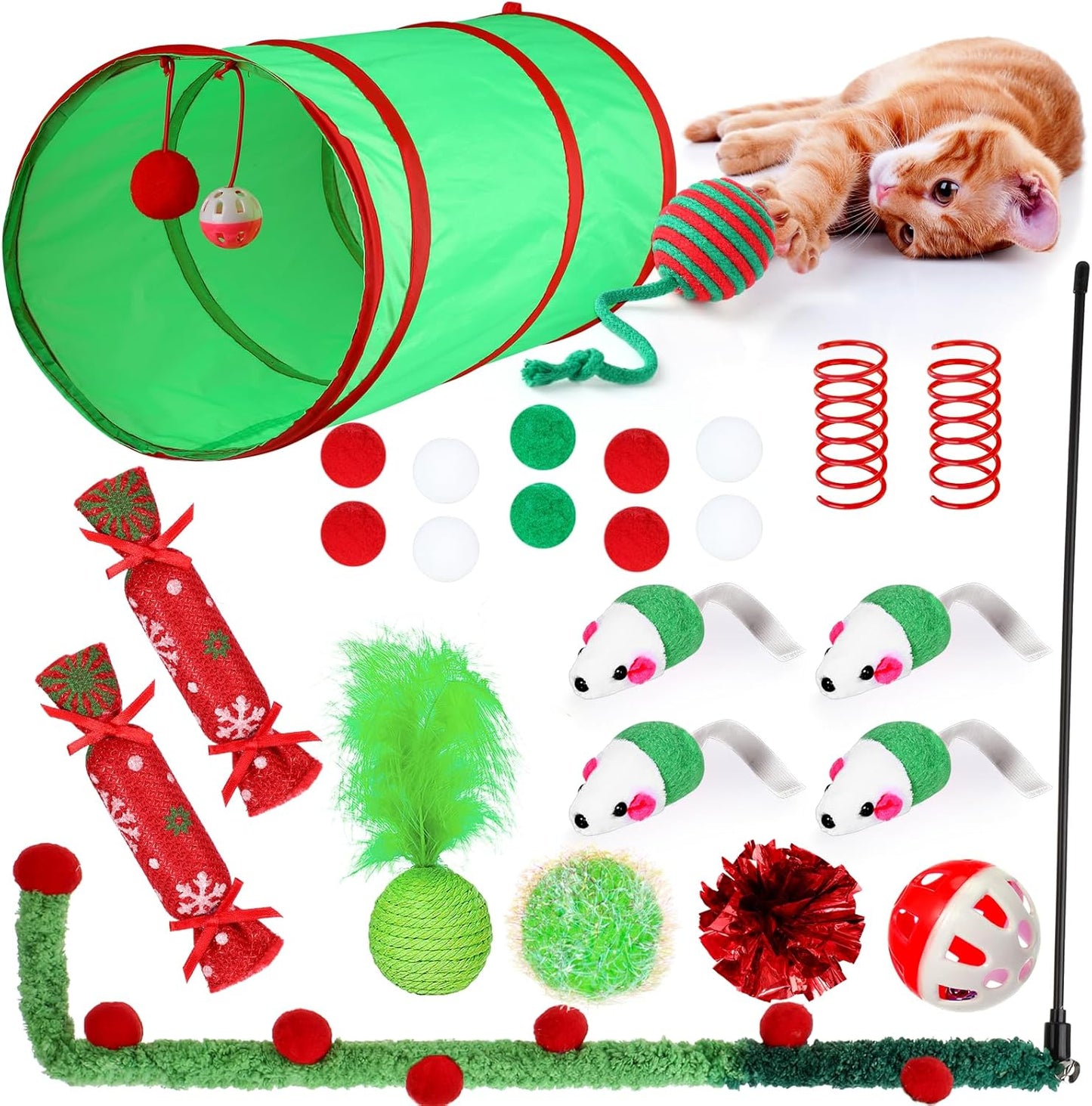 24 Pcs Cat Toys Set Interactive Kitten Toys Pack Including Collapsible Play Tunnel Feather Teaser Wand Fuzzy Ball Springs Pillow Mouse Bells for Indoor Cats Puppy (Green Red,Christmas)