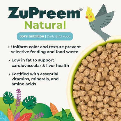 ZuPreem Natural Bird Pellets, Daily Bird Food for Cockatiel, Lovebird, Quaker, Small Conure, Lorikeet, Core Nutrition for Medium Birds, Added Vitamins, Cockatiel Pellets (M, 2.5 lbs)