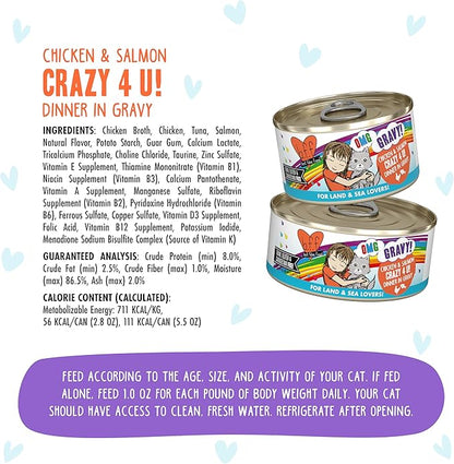 Weruva B.F.F. OMG - Best Feline Friend Oh My Gravy! Grain-Free Wet Cat Food Cans, Crazy 4 U! Chicken & Salmon, 2.8oz Can (Pack of 12)