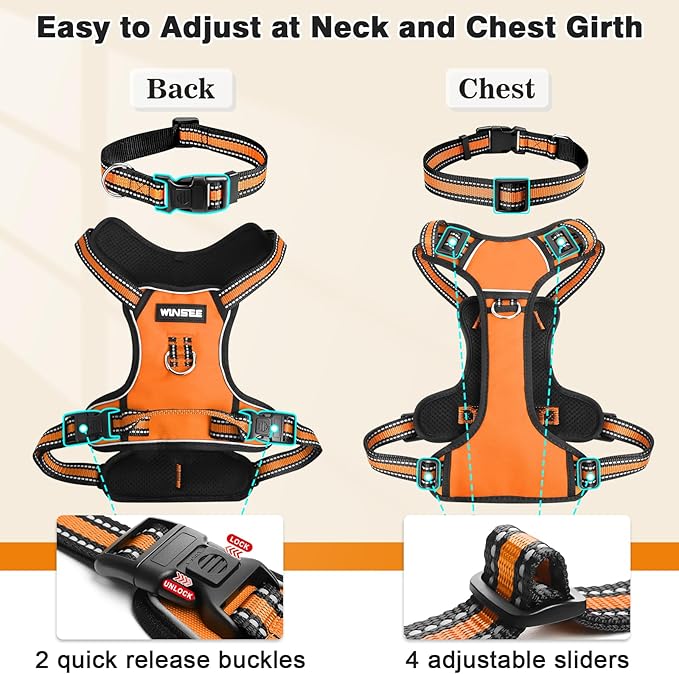 WINSEE Dog Harness No Pull, Pet Harnesses with Dog Collar, Adjustable Reflective Oxford Outdoor Vest, Front/Back Leash Clips for Small, Medium, Large, Extra Large Dogs, Easy Control Handle for Walking