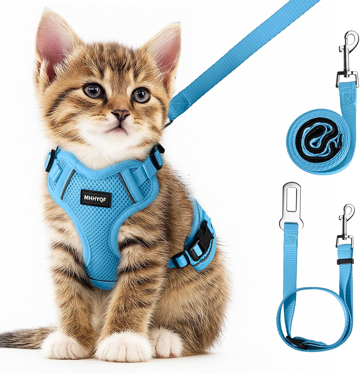Cat Harness and Leash Set for Walking Escape Proof, Improved Four Place Adjustable Cat Car Harness, Soft Kittens Vest with Reflective Strip for Cats, Comfortable Outdoor Vest, Blue, XS