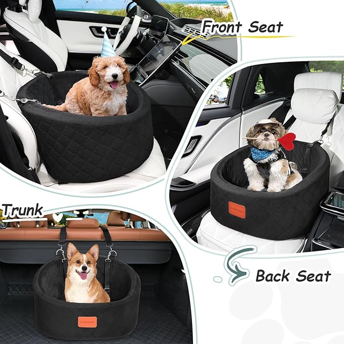 Dog Car Seat for Small Dogs Up to 30 Lbs,Ultra Soft Fabric Fill in Comfy Memory Foam,Happy Pet Ride,2 Safety Dog Leashes,Fully Detachable and Washable,Anti Slip Base(Black)