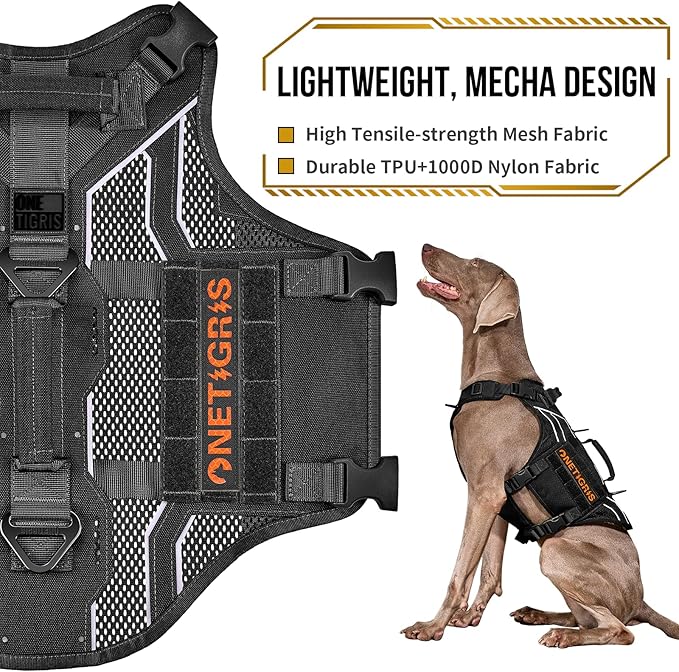 OneTigris Tactical Dog Harness for Large Dogs, Mesh Dog Harness Medium Sized Dog Reflective Dog Vest, Heavy Duty & Breathable Military Dogs Vest with No Pull Buckle