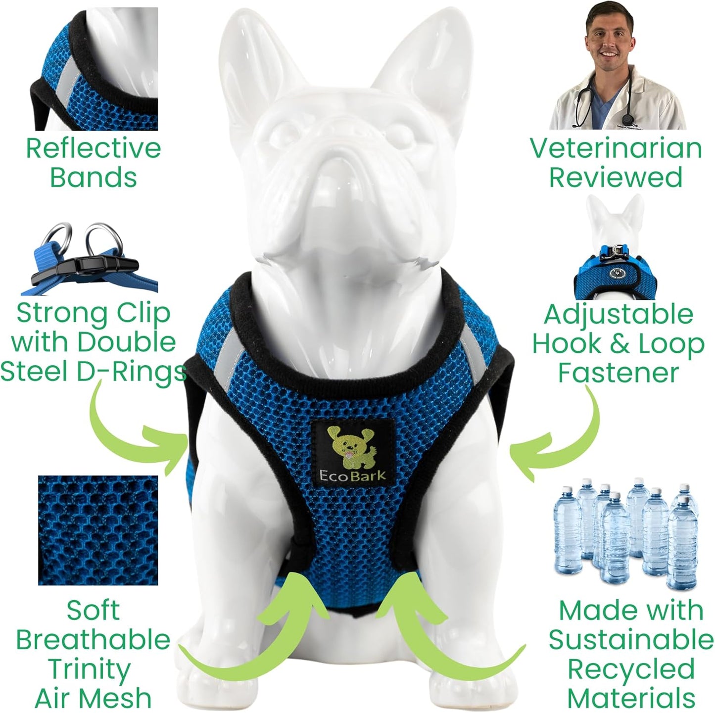 EcoBark Step in Dog Harness Reflective Soft Ultra Padded Mesh Dog Harnesses for XXS, XS, Small, and Medium Dogs Eco-Friendly Comfort Secure Halter No Pull Adjustable Pet Vest