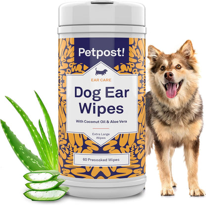 Petpost Large Dog Ear Cleaner Wipes | Ultra Soft XL Cotton Pads in Coconut Oil Aloe Solution | Remedy for Dog Ear Rinse & Cleanser 60 ct.