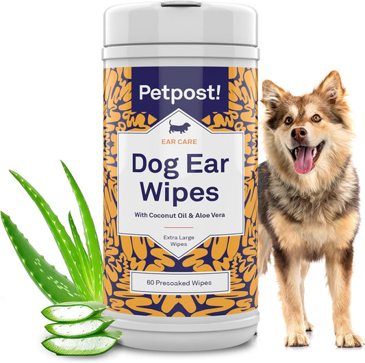 Petpost Large Dog Ear Cleaner Wipes | Ultra Soft XL Cotton Pads in Coconut Oil Aloe Solution | Remedy for Dog Ear Rinse & Cleanser 60 ct.