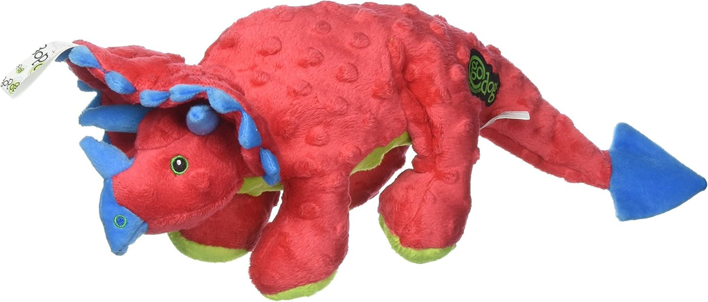 goDog Dinos Frills Squeaky Plush Dog Toy with Chew Guard Technology, Durable Fabric & Squeaker for Active Play, Red, Large