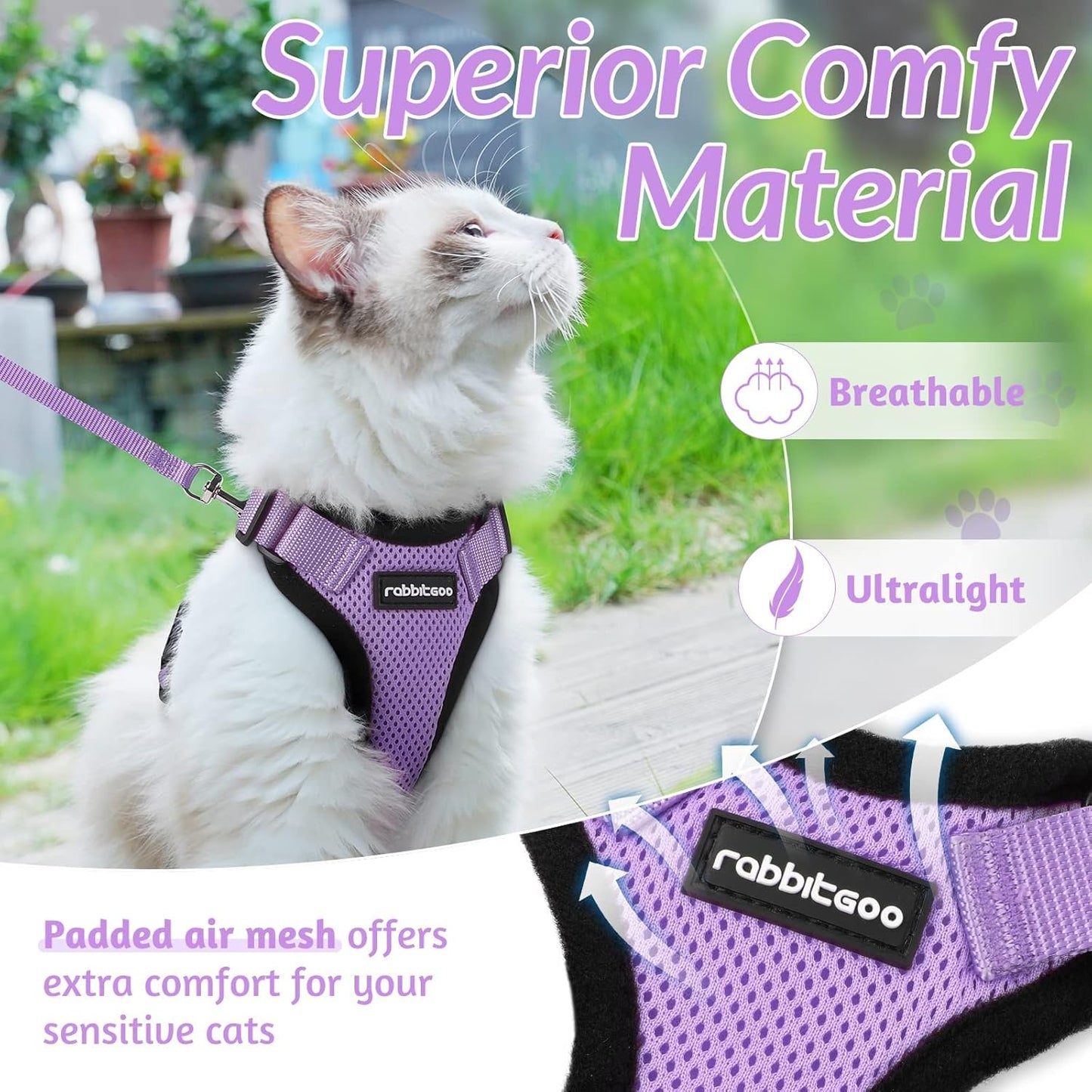 rabbitgoo Cat Harness and Leash for Walking, Escape Proof Soft Adjustable Vest Harnesses for Cats, Easy Control Breathable Reflective Strips Jacket, Light Purple, M