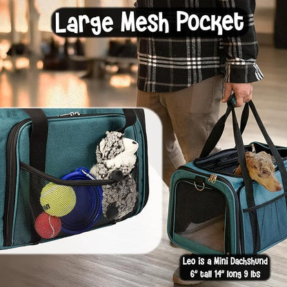 Pet Carrier with Wheels | United Delta American Frontier Airline Approved | Two Expandable Sides, Storage Pockets Adjustable Leash | Rolling Dog and Cat Carrier TSA Compliant (Blue 17x11x11)