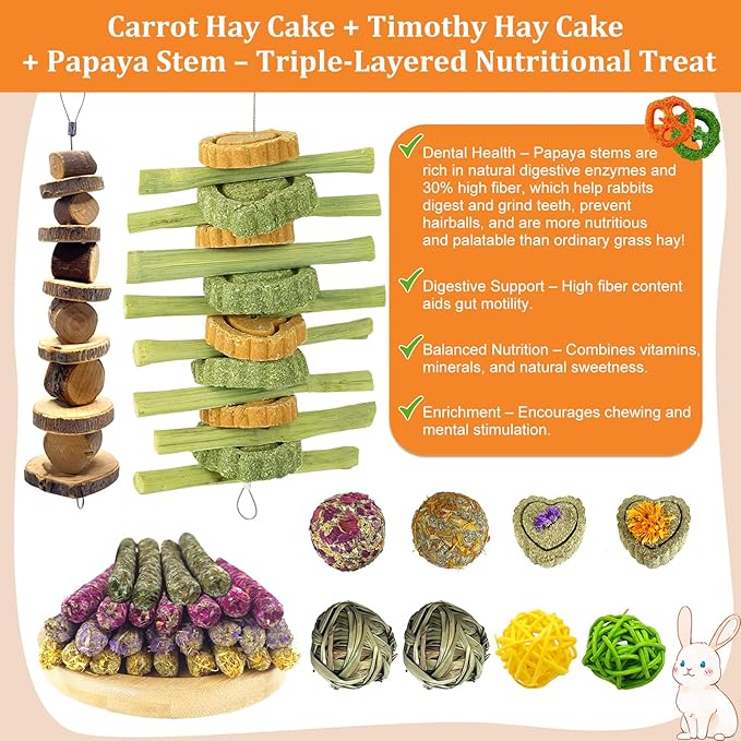22Pcs Bunny Chew Toys for Rabbits Teeth, Natural Rabbit Toys Apple Wood Sticks, Carrot, Timothy Grass Treats for Small Pets, Hamster, Chinchilla, Guinea Pig