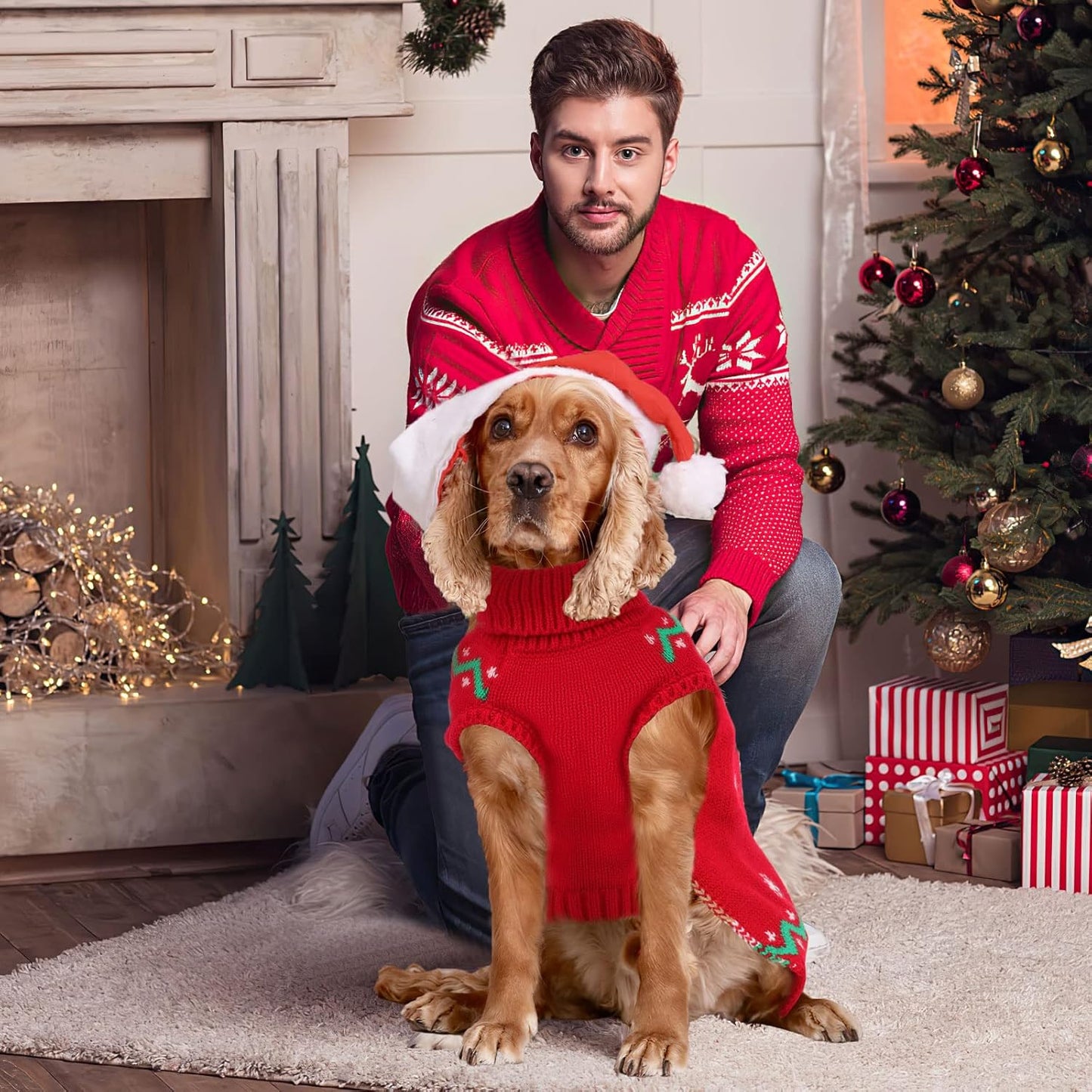 Christmas Dog Turtleneck Sweater Winter Reindeer Snowflake Sweater with Leash Hole Puppy Knitwear Pullover Holiday Sweaters for Small Medium Large Dogs M