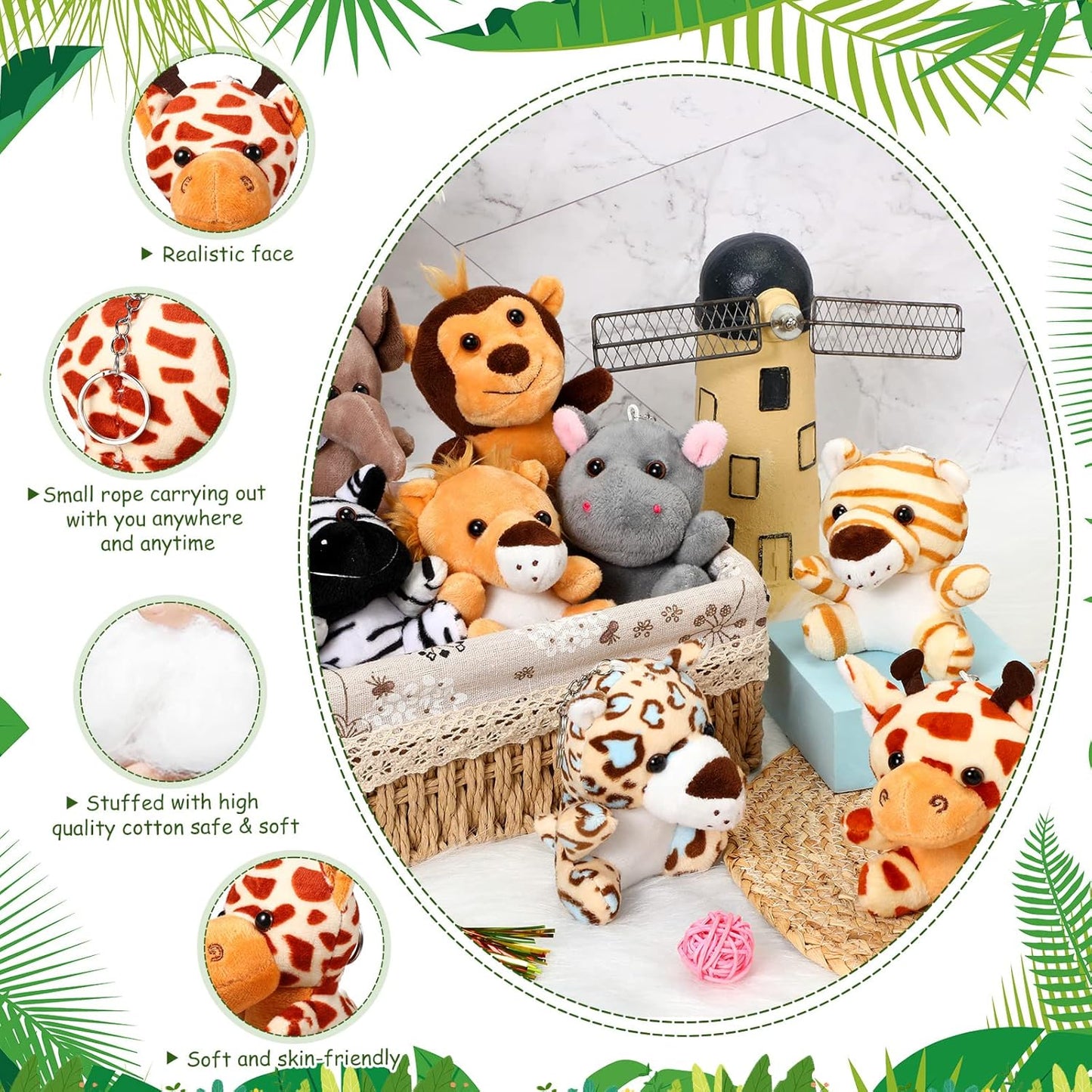 HyDren 40 Pack Mini Stuffed Jungle Animals in Bulk 4.7 Inch Safari Plush Toys,Lion Tiger Elephant Giraffe Leopard Monkey Hippo Zebra Forest Plush Dolls for Animal Theme Party Favors Classroom Award