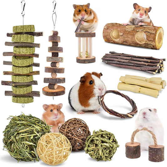 ERKOON New 12 Pack Hamster Chew Toys Gerbil Rat Guinea Pig Chinchilla Chew Toys Accessories, Natural Wooden Dumbbells Exercise Bell Roller Teeth Care Molar Toy for Rabbits Bird Rabbits Hamster Gerbil