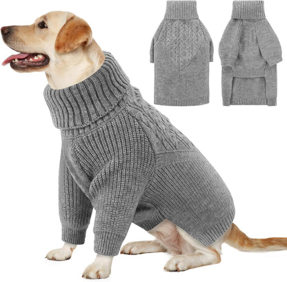 Queenmore Dog Sweaters for Large Dogs, Warm Turtleneck Pullover for Male/Female Pets, Soft Knitwear Sweater for Labradors/German Shepherds, Cold Weather Coat for Large Canine - Grey, Size L
