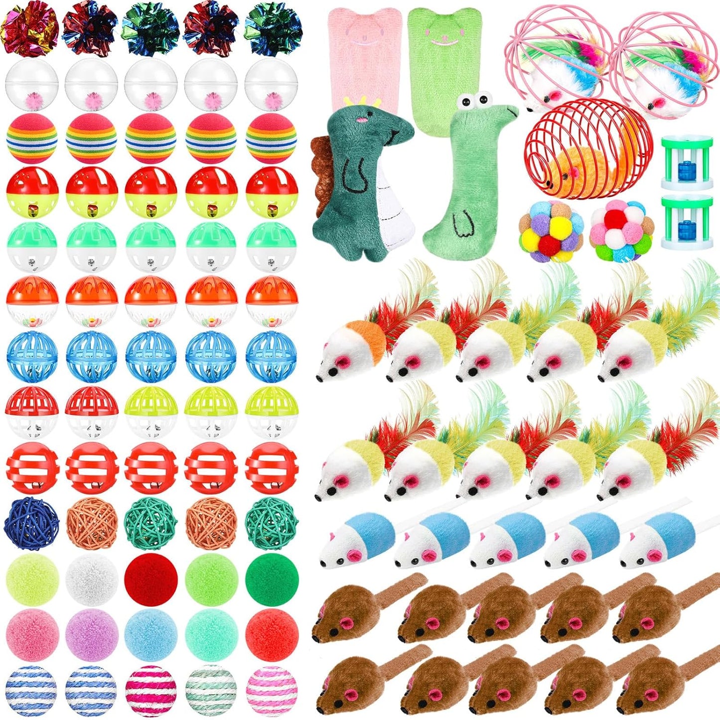 Lenwen 100 Pcs Cat Toys Set Bulk Cat Fur Mice Toys Variety Plastic Ball with Bell Furry Pompom Rattle Mouse Assorted Interactive Catnip Toy Pillow Chew Nice Gift for Indoor Kitten Cats Catch Play
