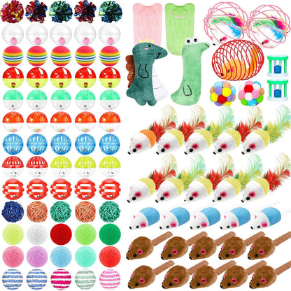 Lenwen 100 Pcs Cat Toys Set Bulk Cat Fur Mice Toys Variety Plastic Ball with Bell Furry Pompom Rattle Mouse Assorted Interactive Catnip Toy Pillow Chew Nice Gift for Indoor Kitten Cats Catch Play