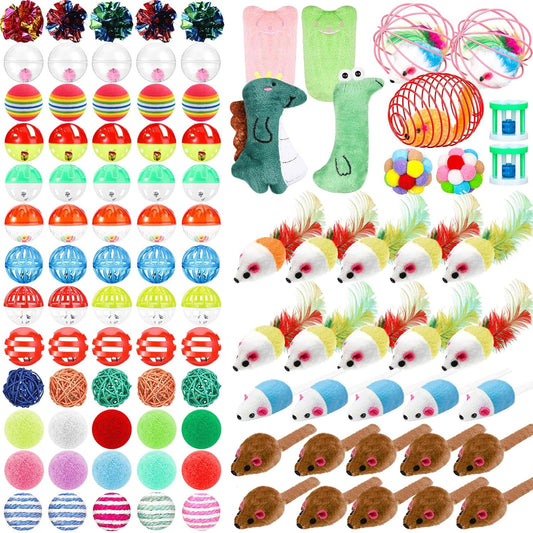 Lenwen 100 Pcs Cat Toys Set Bulk Cat Fur Mice Toys Variety Plastic Ball with Bell Furry Pompom Rattle Mouse Assorted Interactive Catnip Toy Pillow Chew Nice Gift for Indoor Kitten Cats Catch Play