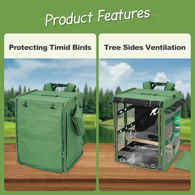 Suertree Bird Carrier Travel Cage, Cockatoo Carrier, Parrot Travel Backpack with Unbreakable Stainless Steel Mesh, Perch, Water Bottle and Food Bowl, X-Large Green