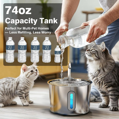 Cat Water Fountain, 74oz/2.2L Cat Fountain for Drinking - Pet Water Fountain Stainless Steel for Cats Inside - Quiet Water Bowl Dispenser - Kitty Drinking Fountains - 8 Filters + 8 Sponges