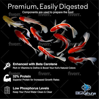 BIG Kahuna Koi Fish Food- 20lbs Koi Food – Made in The USA - Food Floating Pellets – 3/16" - 1/4" Pellet Size – 32% Protein Fish Food – Rich in Nutrients