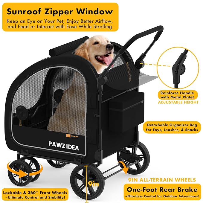 PAWZIDEA Large Dog Stroller with Detachable Carrier, Portable Dog Crate for Car Travel, Multiple Pet Strollers for Medium Dogs up to 80lbs, Adjustable Handle, All-Terrain 9” Wheels, Storage Organizer