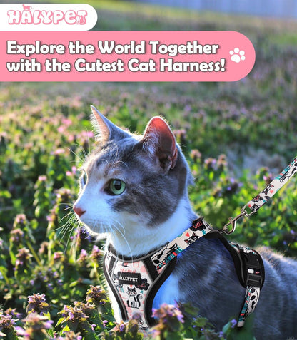 Halypet Cat Harness and Leash Set[MAX Safety 4th-Gen] Cute Escape Proof Vest Harness for Girl&Boy Cat Walking, Comfortable Adjustable Leash and Reflective Strips for Outdoor Kitten, S Inky Meowy