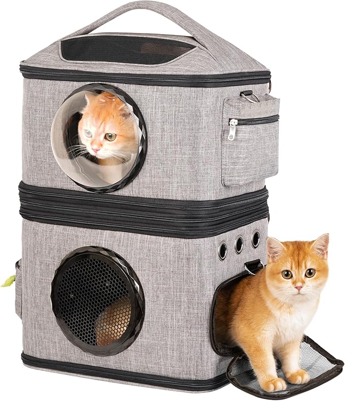 Detachable Double Cat Backpack Carrier for 2 Cats | Transparent & Foldable Dog Carrier Backpack for Cats and Small Dogs Up to 32 Lbs | Large Space & Breathable Cat Travel Carrier for Traveling, Grey