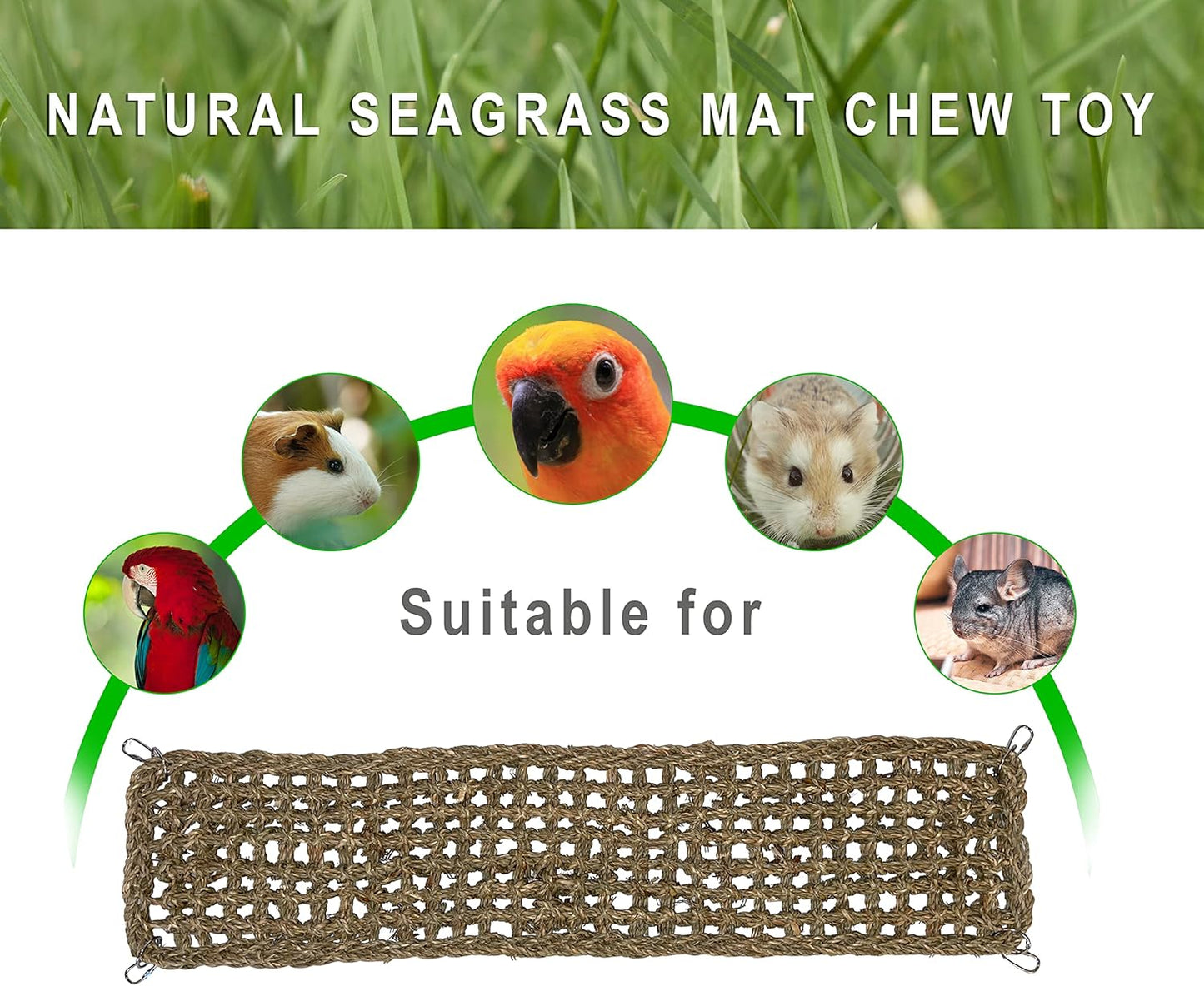 SIMENA Seagrass Mat for Birds, Natural Grass Woven Bird Net Hammock, Climbing Rope Ladder, Chew Toys for Parrots Lovebirds Cockatiels Conures Budgies, Cockatoos (Large)