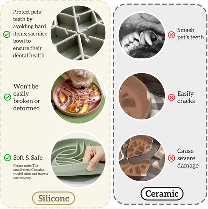 OHMO Slow Feeder Dog& Cat Bowl, Silicone Puppy Cat Food Bowl with Anti-Slip Suction Cup Slow Down Small Dogs Eating, Anti Choking (S-Diamond,Sage Green)