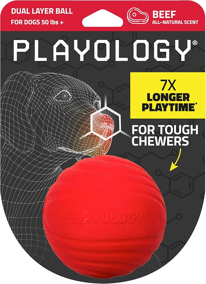 Playology Dog Toys | Dual Layer Ball Durable Chew Toy for Aggressive Chewers | Jumbo Beef Scented Toy - Easy to Clean and Made from Non Toxic Materials